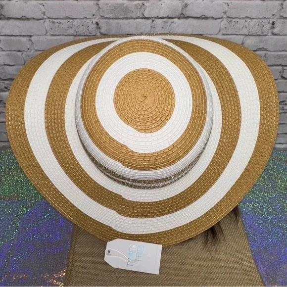 Time and Tru Striped Women's Sun Hat One Size Tan White Beach Floppy Hat NEW - Picture 6 of 11